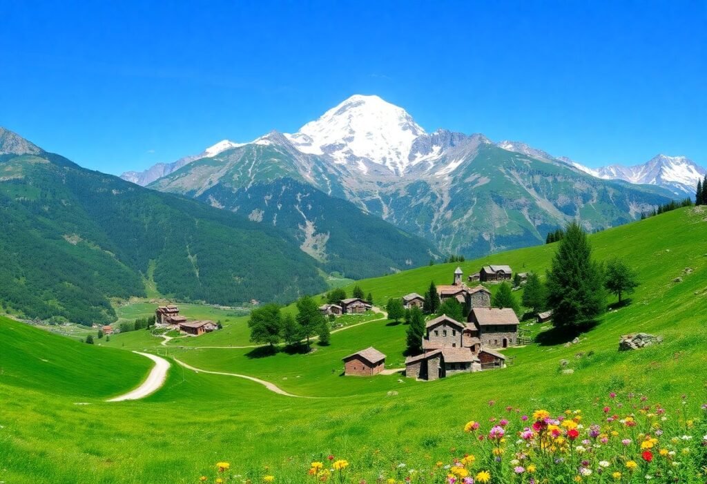 נוף פנורמי של עמק אאוסטה בקיץ עם פסגות מושלגות, כפר אלפיני מסורתי ושביל הליכה בטבע
