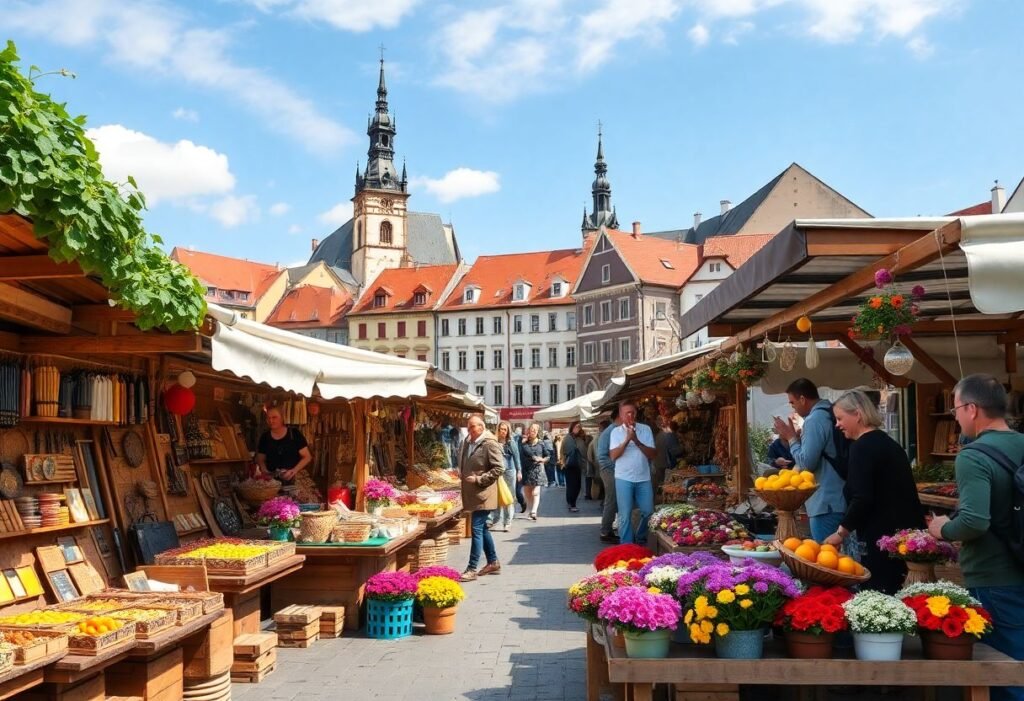 דוכנים מסורתיים צבעוניים בשוק פראג, עם אנשים מטיילים ומוכרים מקומיים ברקע ארכיטקטורה עתיקה