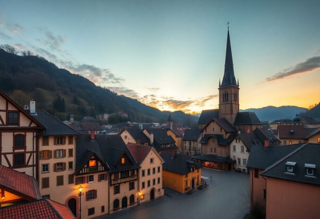 כיכר העיר העתיקה בברשוב, רומניה, עם הכנסייה השחורה ברקע בשעת שקיעה