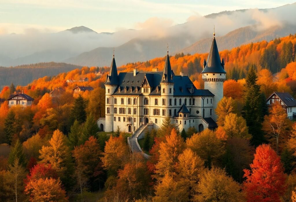 מלון בתוך טירה קסומה בטרנסילבניה מוקף עצים בשלכת והרים ברקע