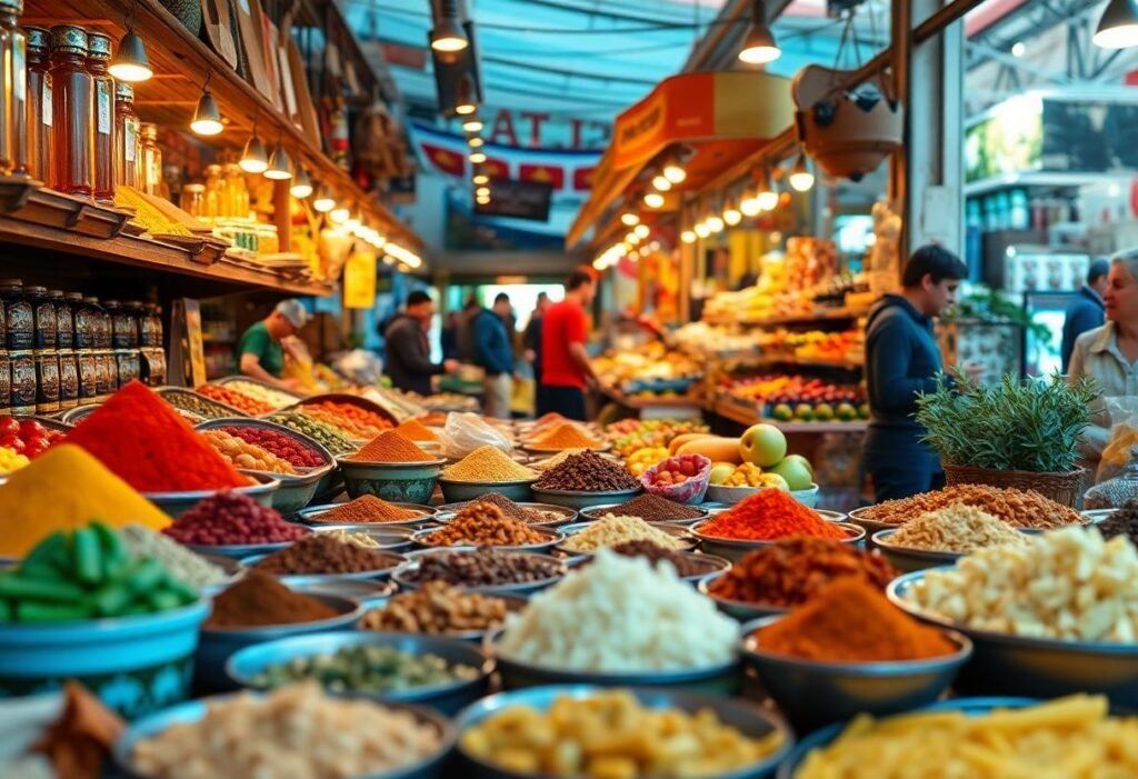 שוק אוכל צבעוני באזרבייג'ן עם דוכנים עמוסים בתבלינים, פירות וירקות טריים ומאכלים מקומיים