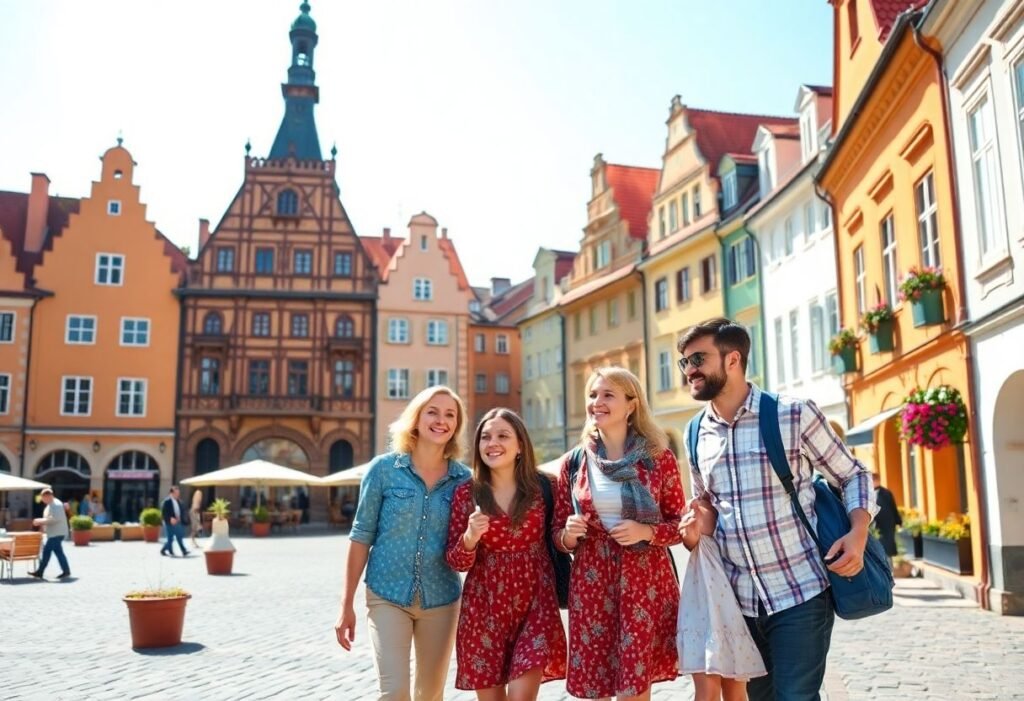 משפחה שמחה מטיילת בכיכר ציורית בפולין מוקפת בבניינים עתיקים צבעוניים ביום שמשי