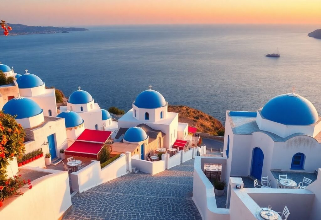 רחוב ציורי באי יווני עם בתים לבנים וכיפות כחולות המשקיף לים האיגאי ביום קיץ שטוף שמש