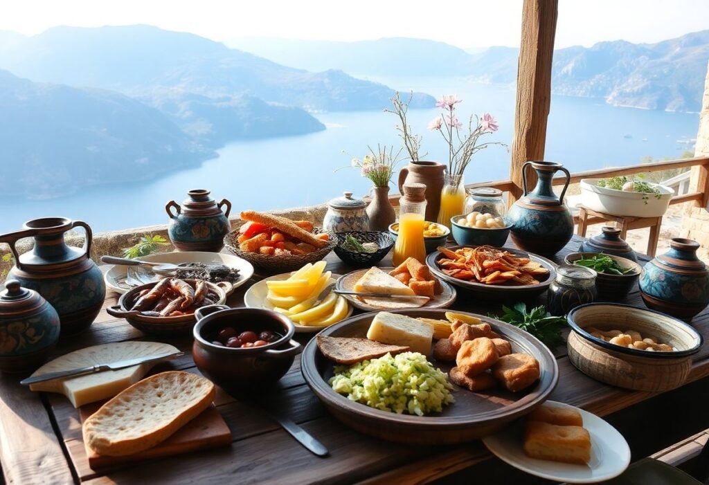 מבחר מנות מהמטבח המונטנגרי המסורתי, כולל בשרים מעושנים, גבינות, דגים, וקינוחים ברקע נוף הררי וחופי הים האדריאטי