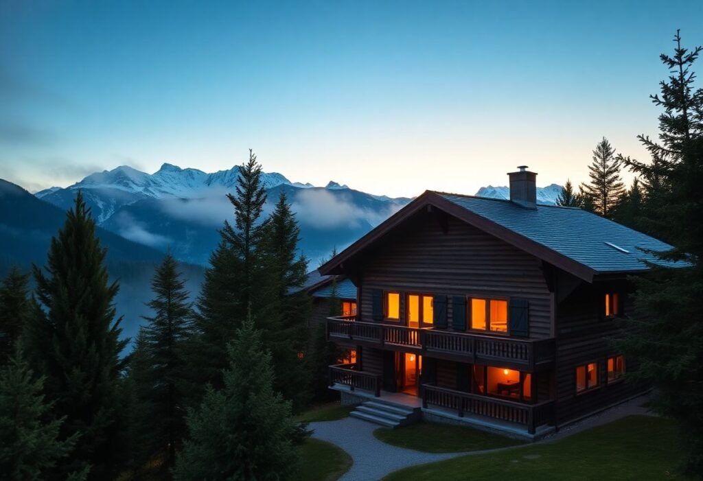 לודג' מסורתי בהרי מונטנגרו מוקף עצים והרים מושלגים בשעת בין ערביים