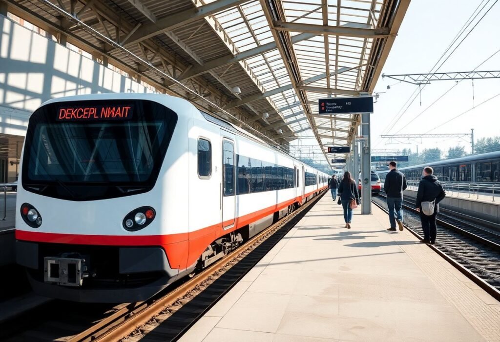 רכבת מודרנית בפולין עוצרת בתחנה מרכזית בוורשה עם נוסעים הממתינים על הרציף