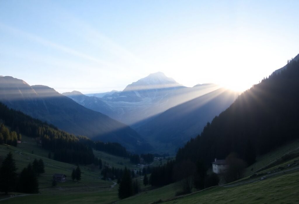 נוף בוקר ציורי בעמק אאוסטה עם קרני שמש מאירות את פסגת המון-בלאן המושלגת וההרים האלפיניים מסביב.