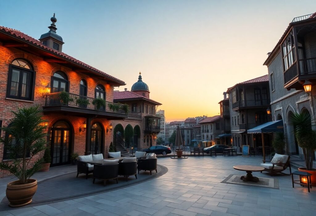 מלון בוטיק אותנטי בעיר העתיקה של באקו, המשלב בין סגנון אדריכלי מסורתי למודרני, בשעת שקיעה חמה