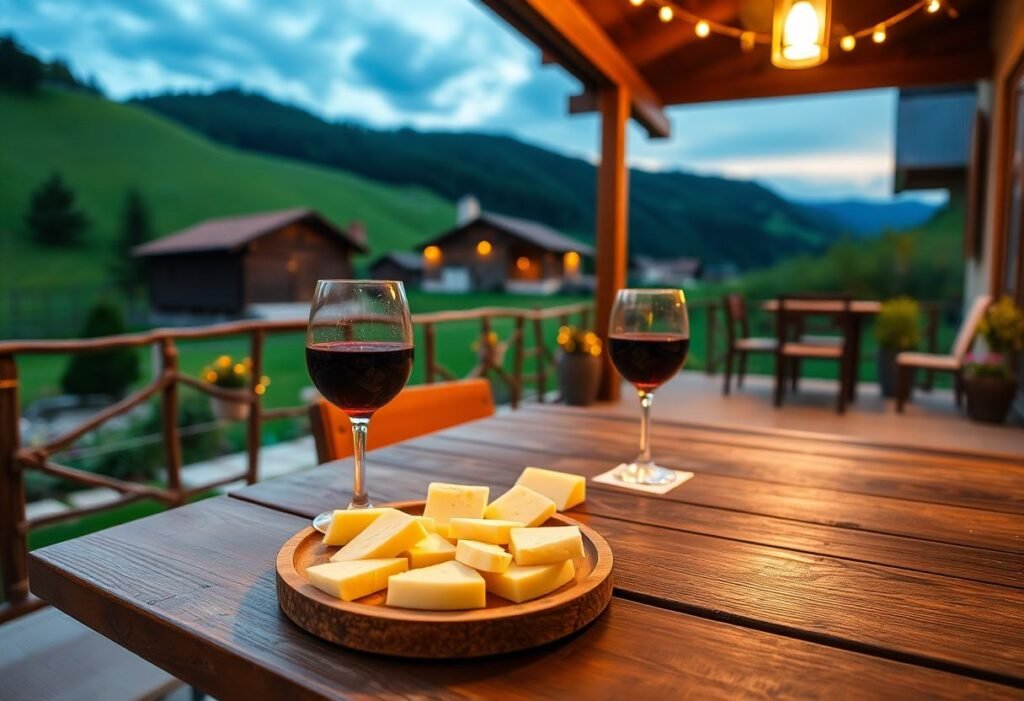 מרפסת של פנסיון כפרי בהרי הקרפטים עם גבינות רומניות מסורתיות ונוף הררי ירוק בקיץ