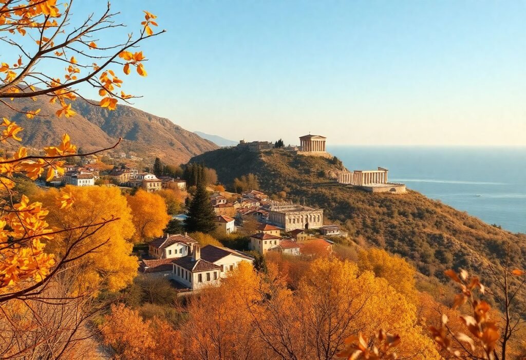 נוף סתווי ביוון עם עלים מוזהבים, כפר מסורתי, והר האקרופוליס באור אחר הצהריים הרך