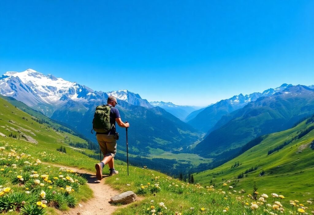 מטייל צועד בשביל הררי בפארק הלאומי דורמיטור, מונטנגרו, כשהרים מכוסי שלג ברקע ועמקים ירוקים מסביב