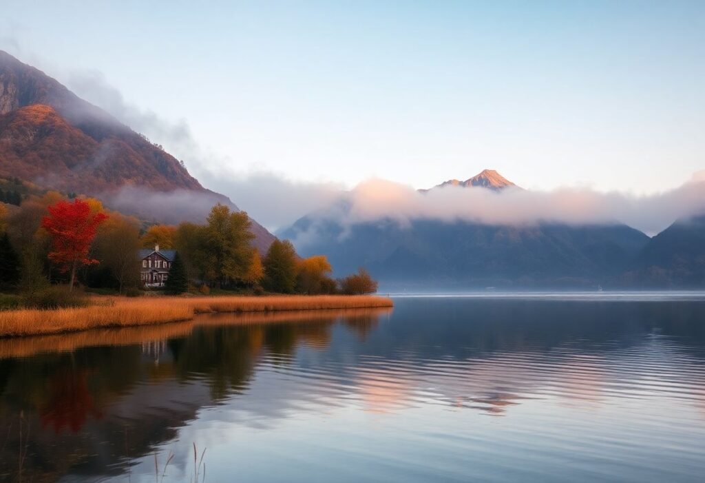 בוקר סתווי שקט מעל אגם סקאדר במונטנגרו עם ערפל מתפוגג, נוף הרים וצמחיה בשלכת