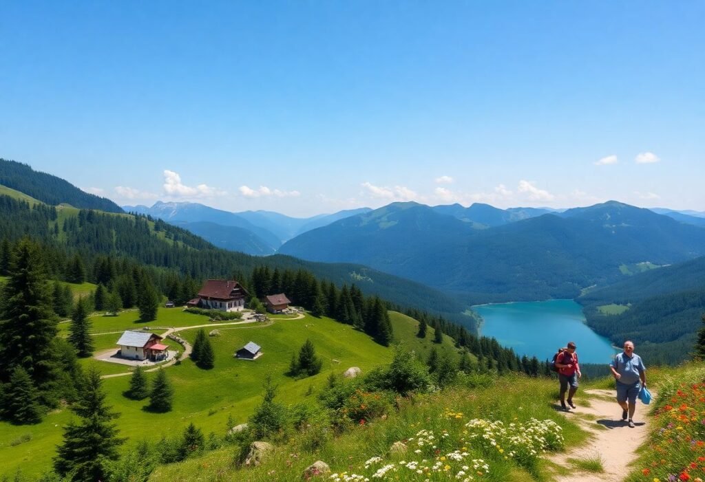 נוף קיץ מרהיב בהרי הקרפטים שברומניה עם יערות ירוקים, אגמים צלולים, מטיילים בשביל ונופי כפרים מסורתיים