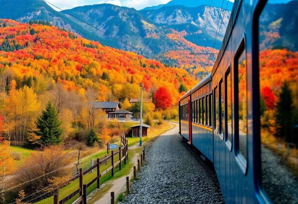 רכבת נוסעת בין הרי הקרפטים ברומניה בעונת הסתיו, מוקפת בנוף צבעוני וקסום
