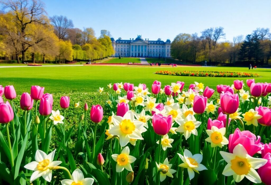 פארק לז'ינקי בוורשה באביב, עם פרחי צבעונים ונרקיסים פורחים ליד ארמון המים