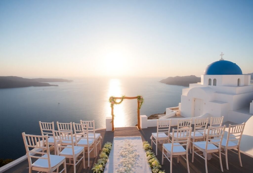 חתונה רומנטית על רקע נוף לים בסנטוריני, יוון, עם תפאורה מושקעת ושקיעה מעל הים האגאי