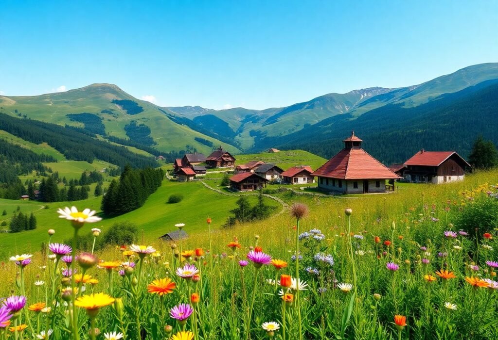 נוף אביבי מרהיב של הרי הקרפטים ברומניה עם פריחה, הרים ירוקים וכפר מסורתי ברקע – אידיאלי לטיול פסח