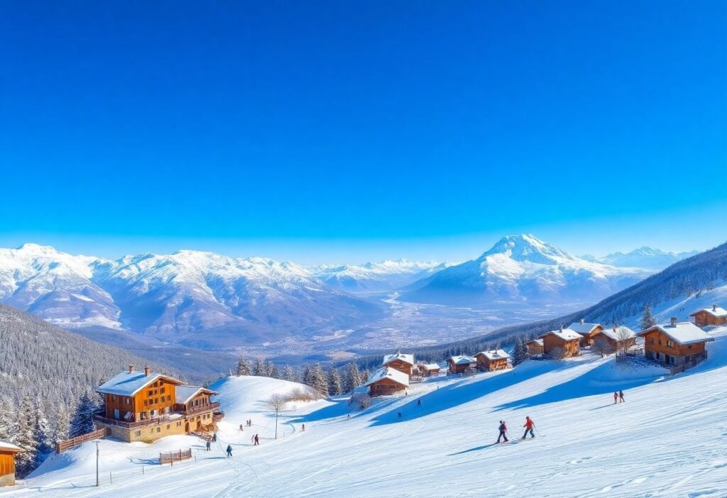 נוף עוצר נשימה של עמק אאוסטה המושלג באלפים האיטלקיים עם גולשי סקי ונוף הרים מרהיב