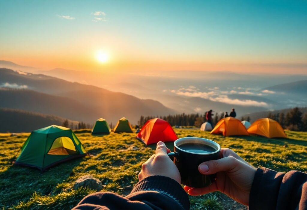 זריחה בהרי הקרפטים ברומניה עם אוהלים בשטח, קפה מהביל ונוף טבעי מרהיב