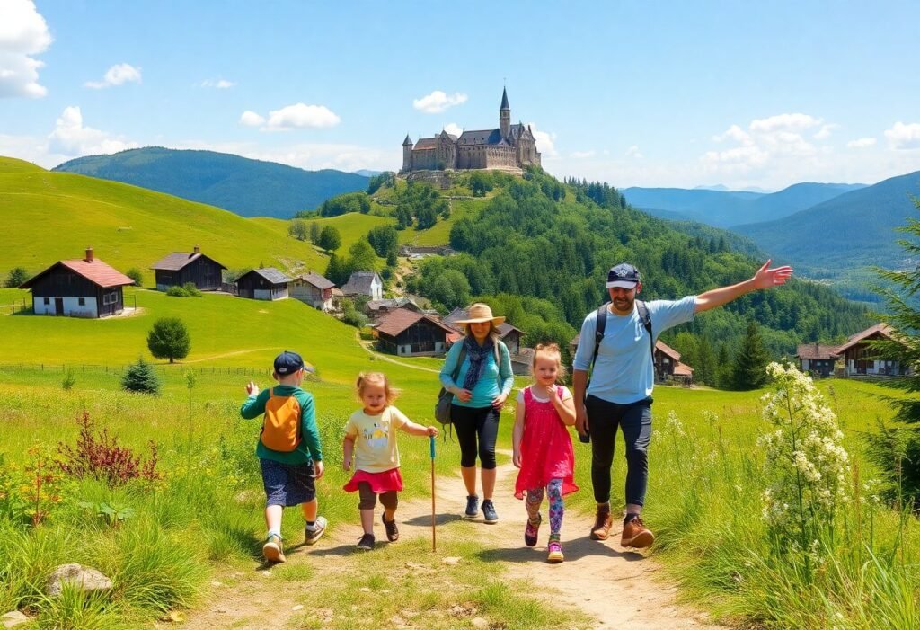 משפחה מטיילת בטבע הרומני בין הרים ויערות, עם נוף של טירה על גבעה ברקע