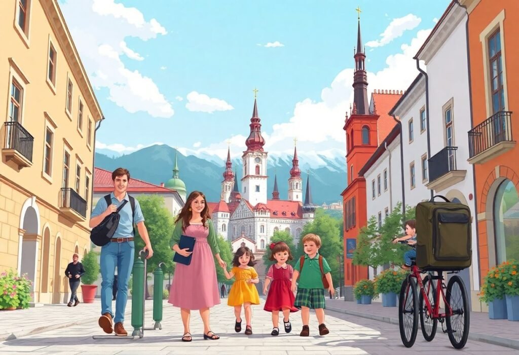 משפחה נהנית בטיול בפולין – מבקרים בטירה, מטיילים בטבע ומשתתפים בפעילות תרבותית עם ילדים