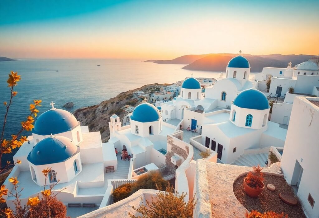 נוף סתווי של אי יווני עם בתים לבנים, כיפה כחולה וים רגוע, באווירת חג סוכות