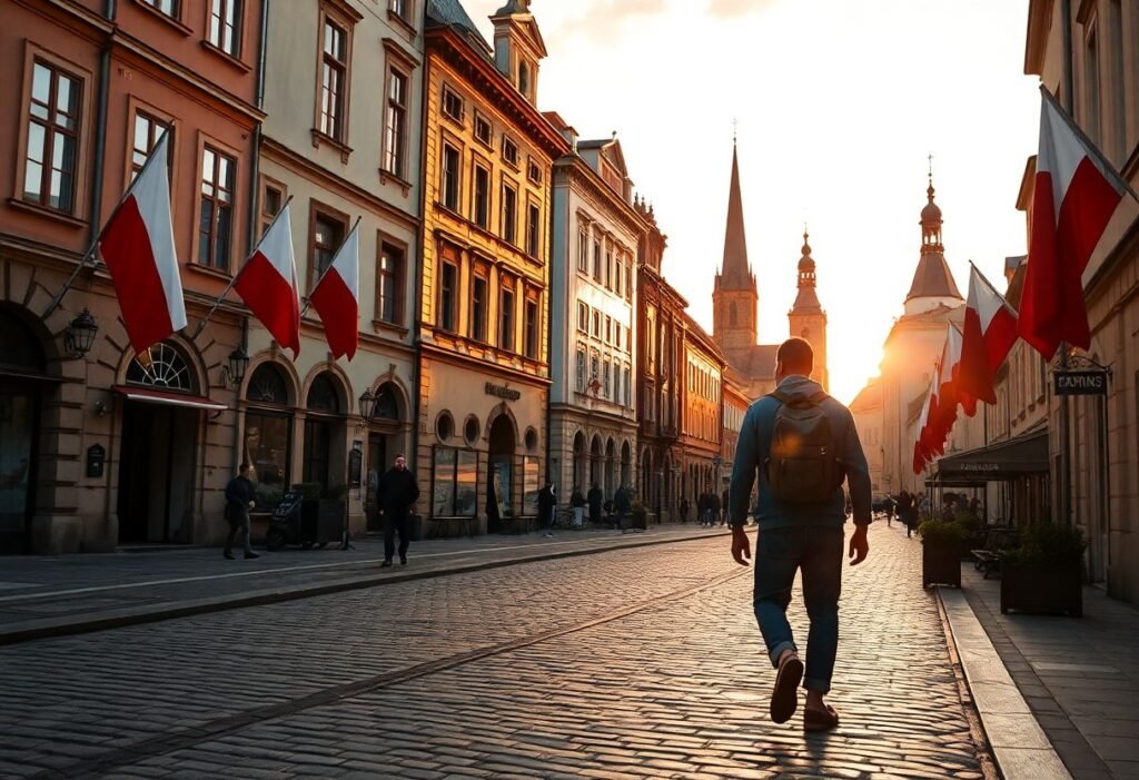 מטייל עצמאי צועד ברחובות קרקוב העתיקה בפולין עם תרמיל על הגב, מוקף בבניינים היסטוריים ודגלי פולין