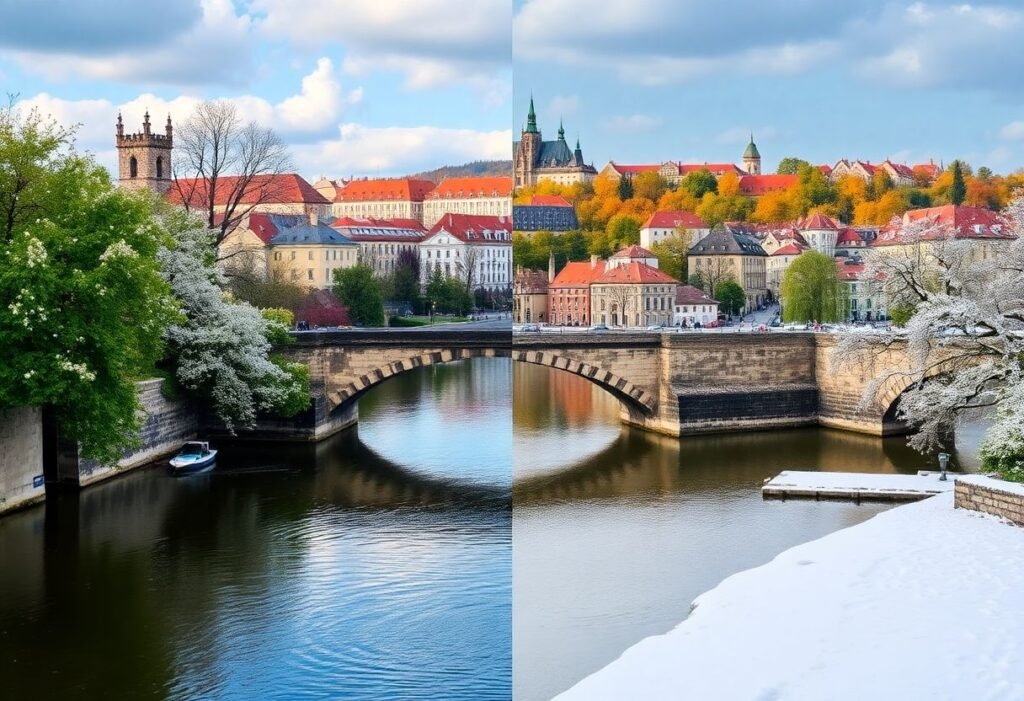העיר פראג בארבע עונות השנה - אביב פורח, קיץ ירוק, סתיו צבעוני וחורף מושלג - עם נוף הגשר קארל