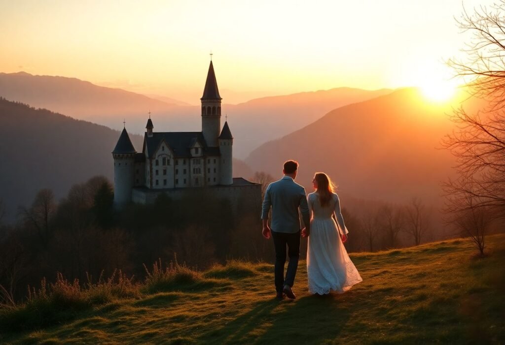 זוג רומנטי מטייל ליד טירת בראן ברומניה בשעת שקיעה עם הרי הקרפטים ברקע