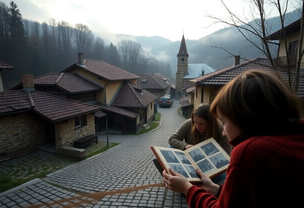 משפחה בטיול שורשים בכפר מסורתי בהרי הקרפטים ברומניה, עם בית כנסת עתיק ברקע