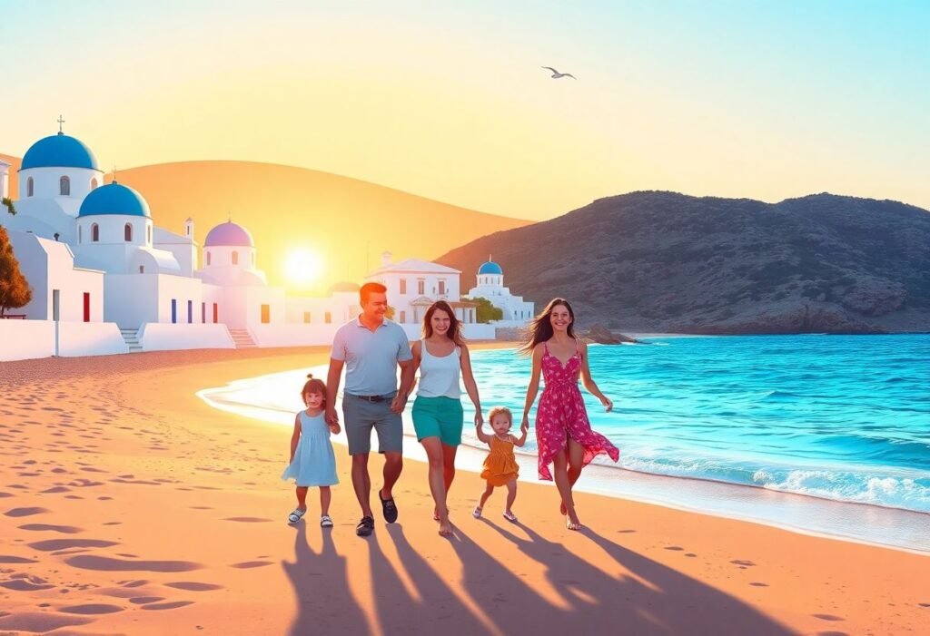 משפחה שמחה מטיילת על חוף באי יווני בזמן שקיעה, עם בתים לבנים וכיפות כחולות ברקע