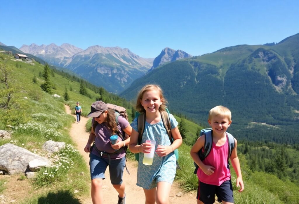 משפחה מטיילת בשביל הררי בפארק הלאומי דורמיטור, מונטנגרו, מוקפת בנופים ירוקים והרים גבוהים ביום קיץ נעים