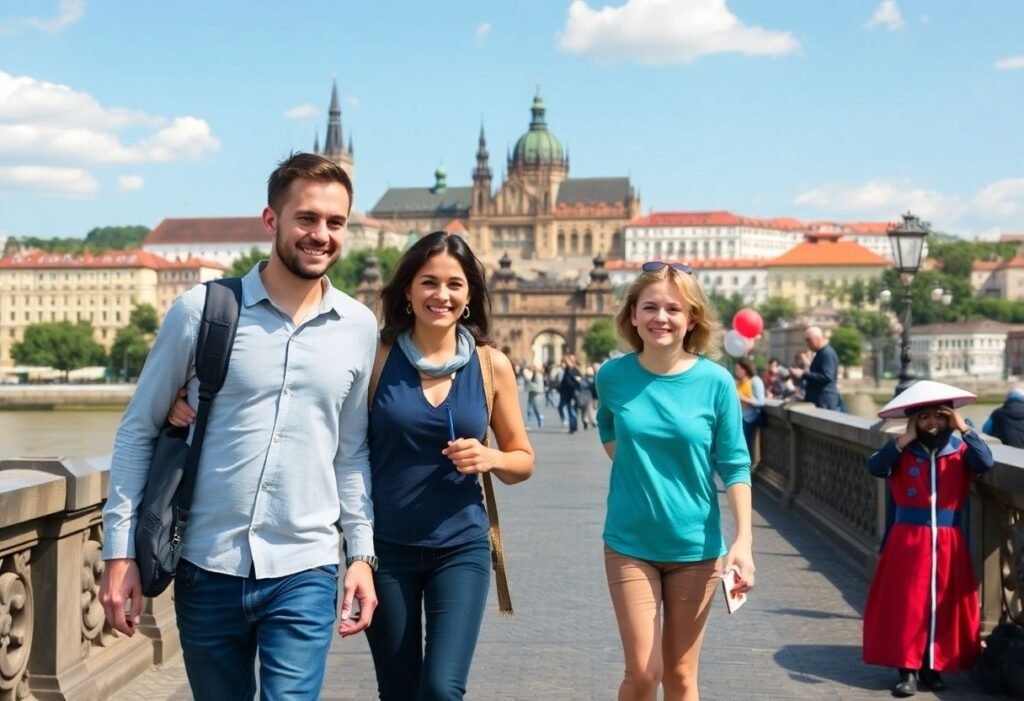 משפחה מטיילת בגשר קארל בפראג ביום שמשי עם טירת פראג ברקע ומופעי רחוב סביבם