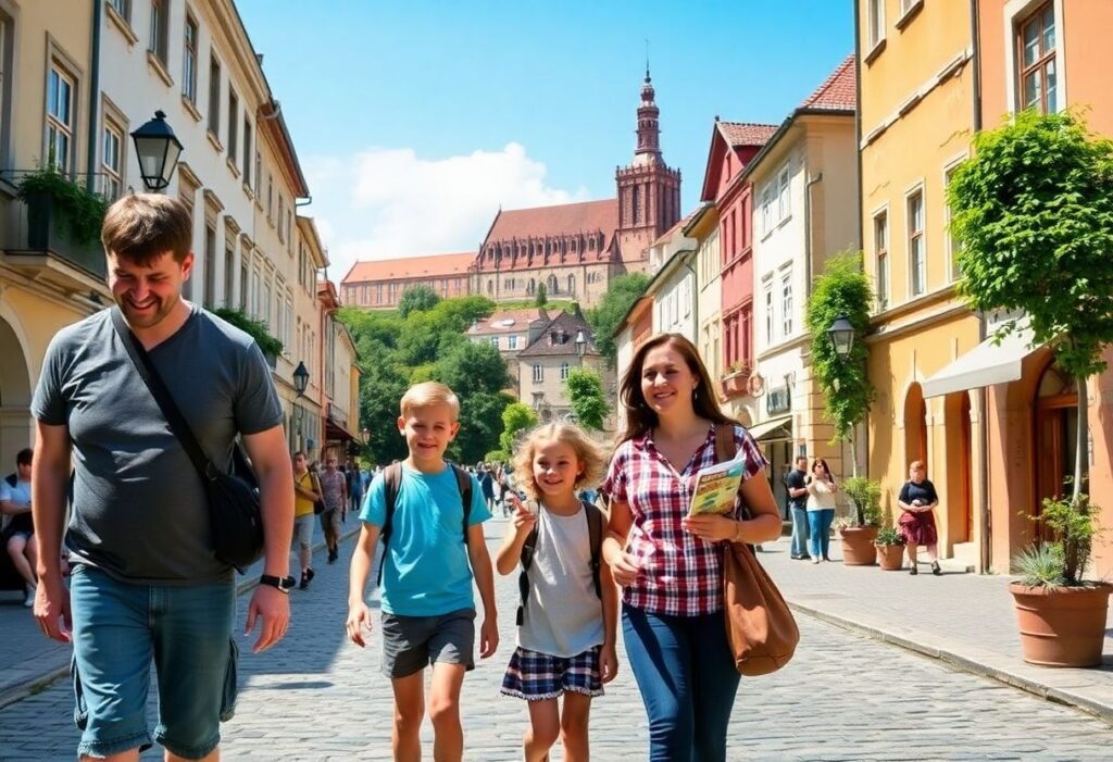 משפחה עם ילדים מטיילת בעיר העתיקה של קרקוב ליד טירת ואוול ביום שמשי בקיץ