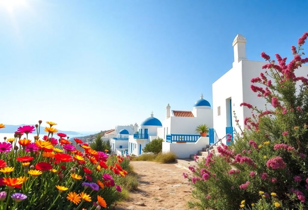 פריחת אביב צבעונית באי יווני עם בתים לבנים וגגות כחולים תחת שמיים כחולים