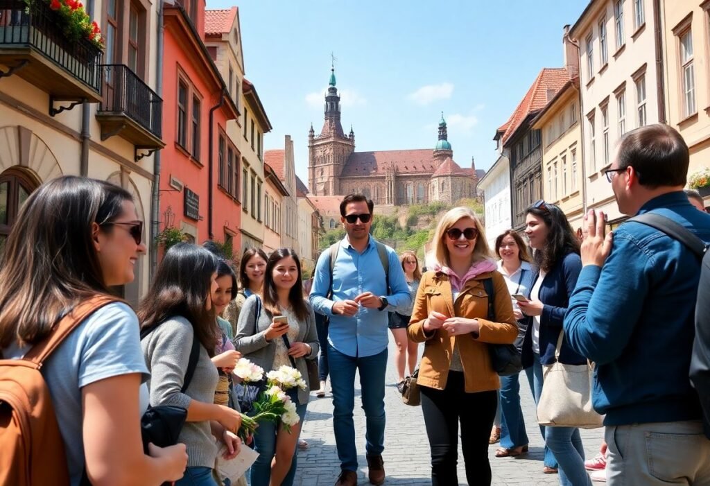 קבוצת מטיילים בטיול מודרך בקרקוב העתיקה, פולין, ביום אביבי מול טירת ואוול