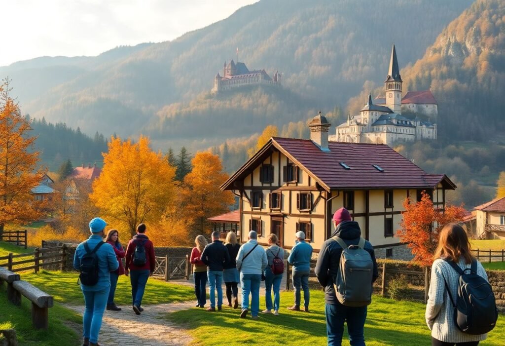 קבוצה קטנה של מטיילים בטיול מודרך בכפר רומני ציורי בין הרי הקרפטים, בעונת השלכת