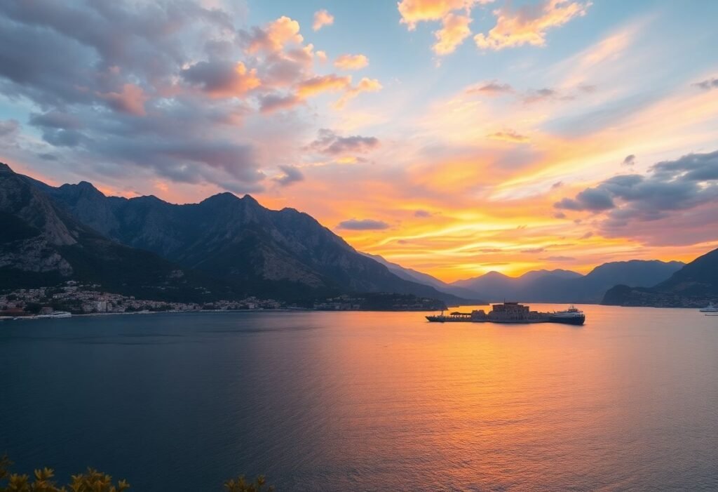 מפרץ קוטור במונטנגרו עם שקיעה ציורית והרים דרמטיים ברקע, מייצג את יופיה של המדינה בעונות השנה השונות.