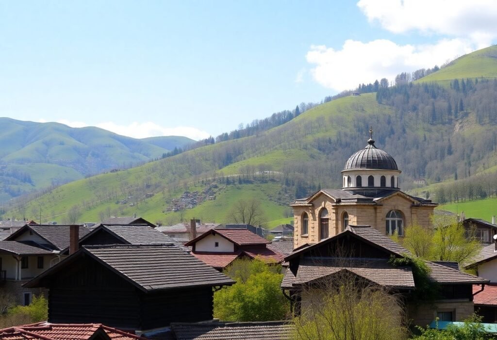 נוף מסורתי של קרסנאיה סלובודה באזרבייג'ן עם בתי אבן, בית כנסת וכרי דשא ירוקים ברקע
