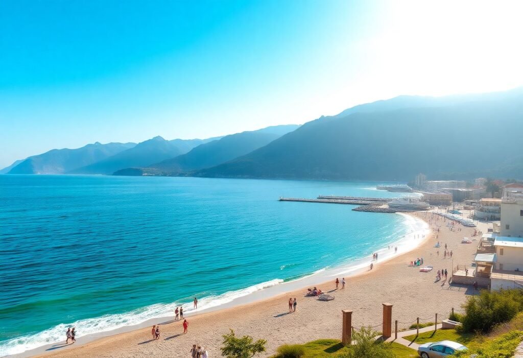 חוף ים שטוף שמש במונטנגרו בקיץ, עם נופים של הים האדריאטי והרים ברקע