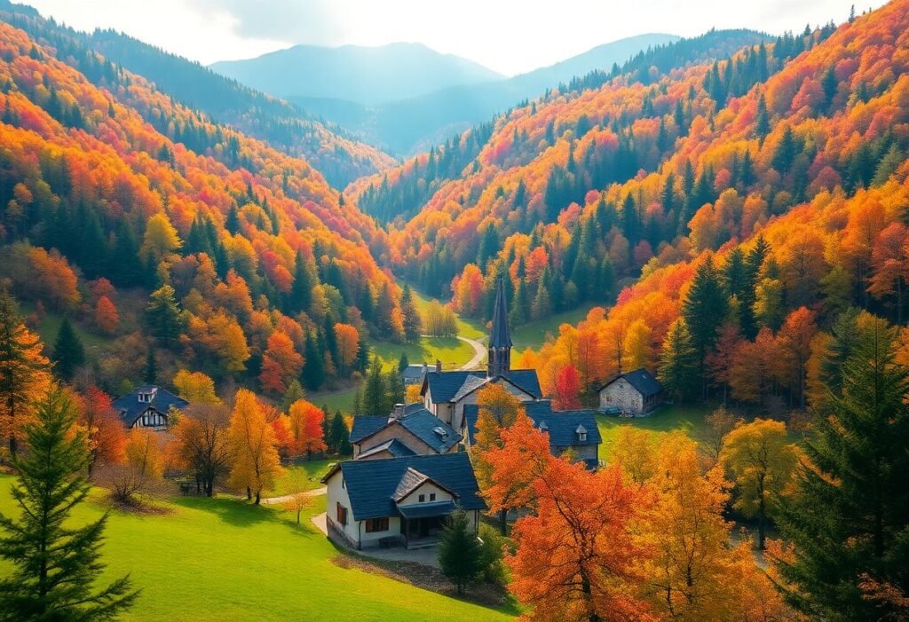 נוף של הרי הקרפטים ברומניה בעונת הסתיו עם עצים בשלכת וכפר מסורתי