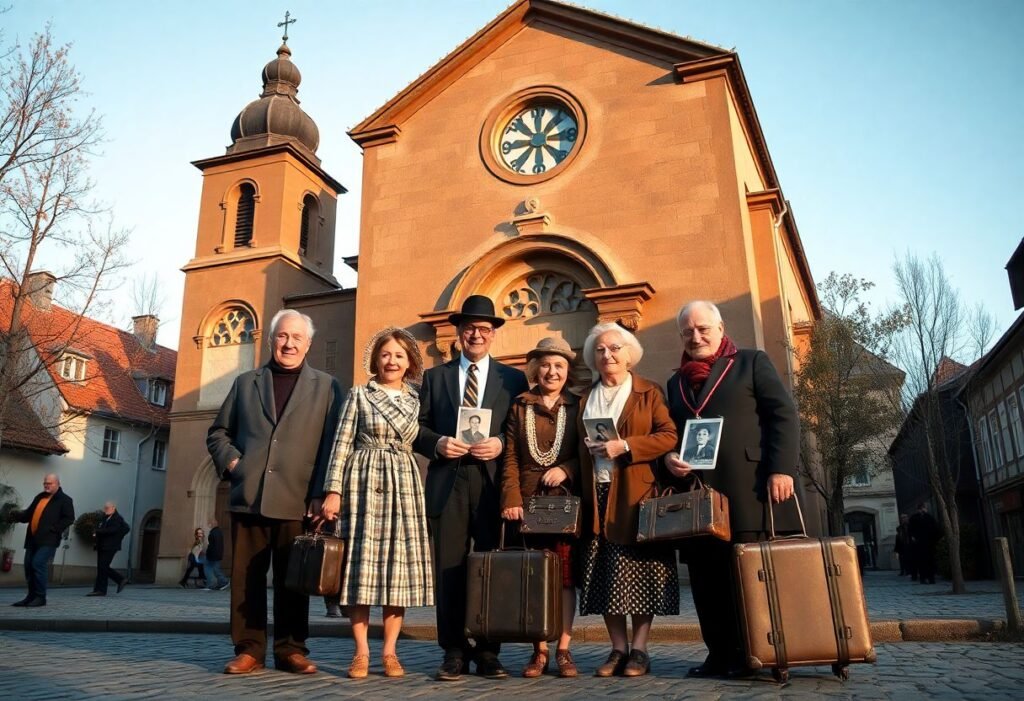 משפחה יהודית עומדת מול בית כנסת עתיק בעיירה בפולין במהלך טיול שורשים