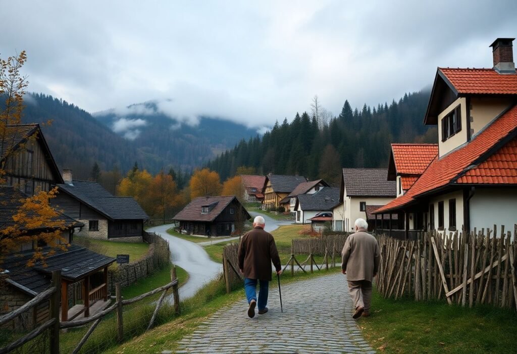 כפר קטן בקרפטים הרומניים בעונת הסתיו, זוג קשישים פוסעים בדרך חצץ כזכר למסע שורשים