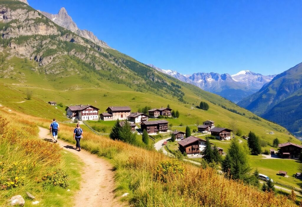 מטיילים בשביל הררי בעמק אאוסטה עם נוף פנורמי של הרי האלפים האיטלקיים