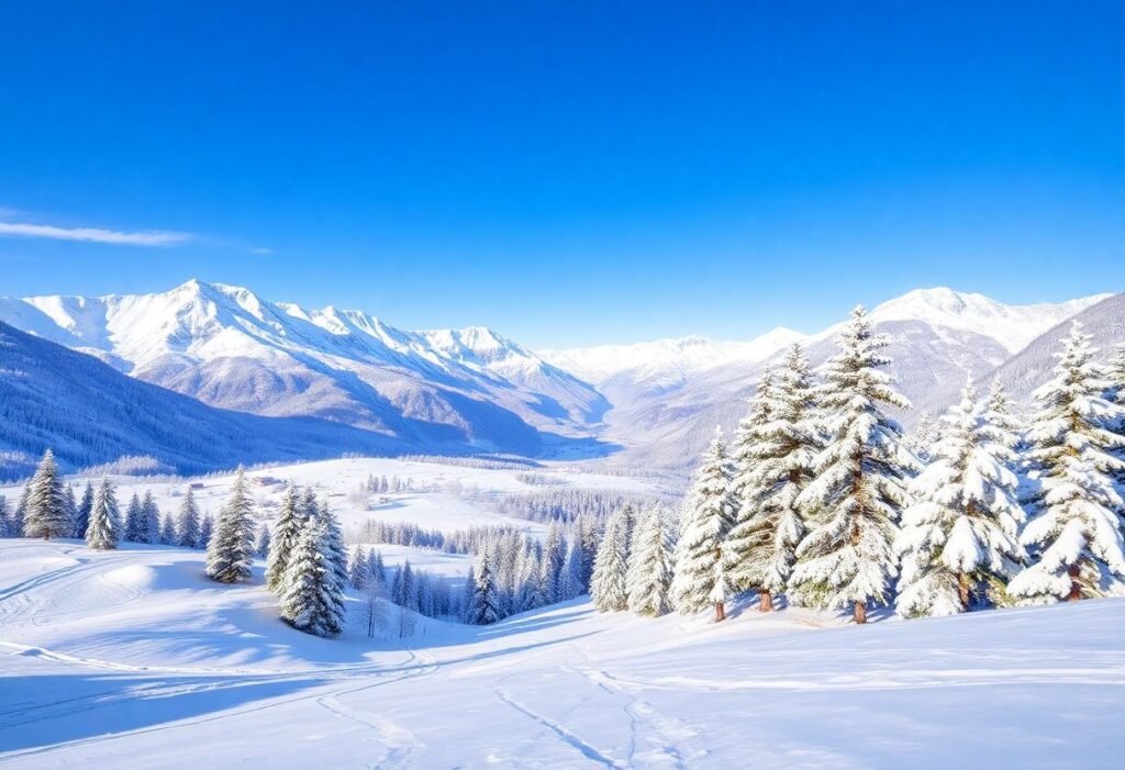 נוף חורפי של עמק אאוסטה מכוסה שלג, כולל מסלולי סקי, עצי אשוח מושלגים והרי האלפים באופק.