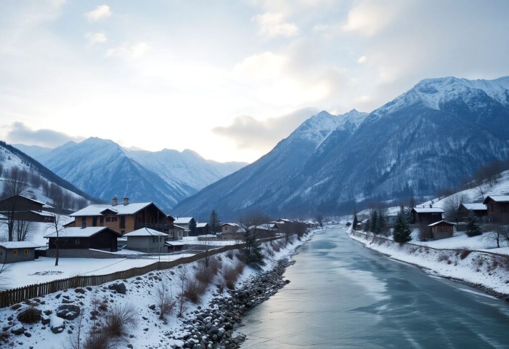 נוף חורפי קסום באזרבייג'ן עם ההרים הקווקזים המושלגים וכפר מסורתי עטוף בשלג