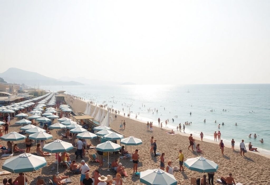 חוף ביוון עמוס בתיירים בשיא הקיץ, עם שמש עזה, שמשיות וכסאות חוף צפופים ונוף מטושטש מחום ולחות