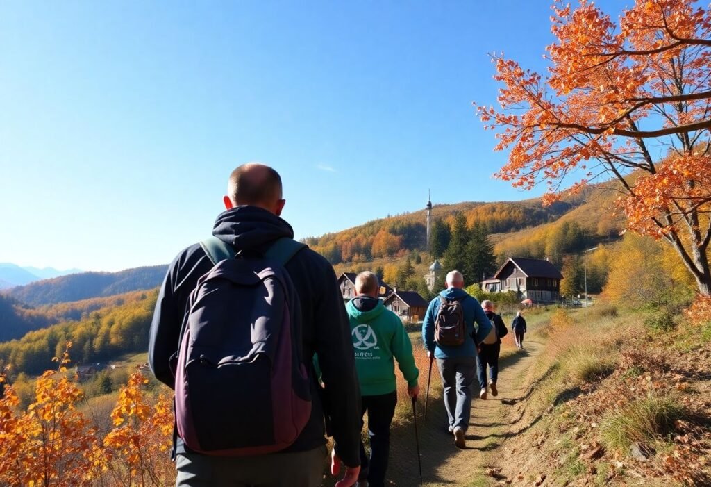 קבוצת מטיילים בטיול מודרך ברומניה, בהרי הקרפטים, מוקפת בנוף סתווי מרהיב