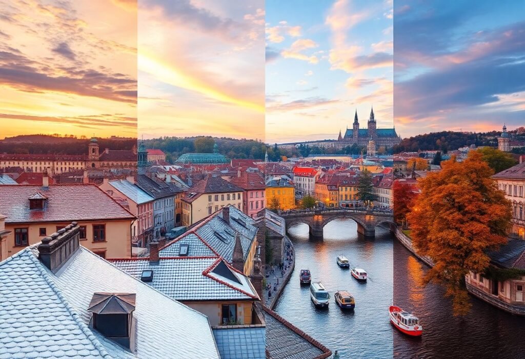 מראה עונתי של פראג: גגות מושלגים, פריחת אביב, פעילויות קיץ ושלכת סתווית עם רקע של גשר קארל והטירה