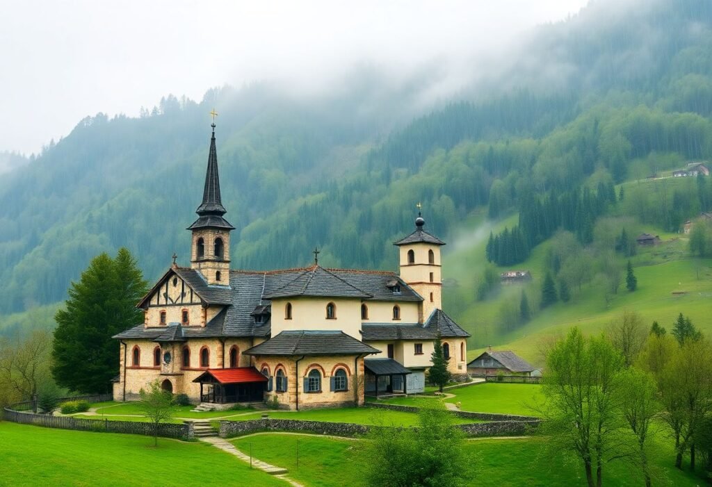 מנזר רומני ציורי בבוקובינה תחת גשם אביבי קל, מוקף ירוק וערפילים עם אווירה קסומה